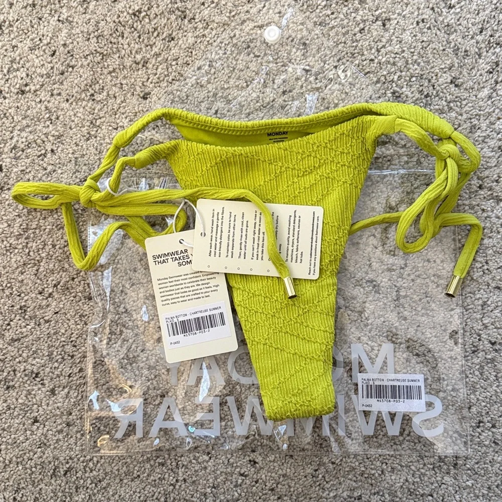 NEW Monday Swimwear PALMA BOTTOM - CHARTREUSE SUMMER PLAID Bikini Bottoms P XS
